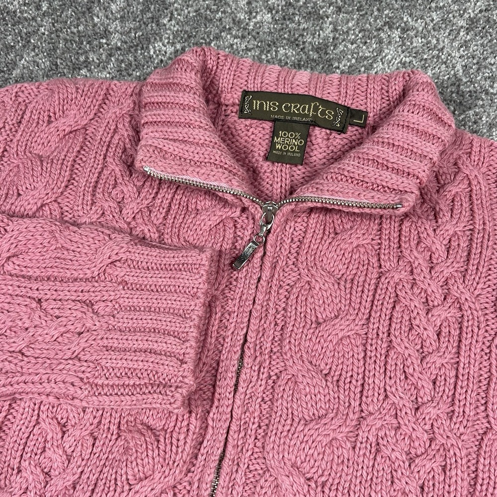 Vintage Inis Crafts Pink Merino Wool Cable Knit Full Zip Cardigan Sweater Large